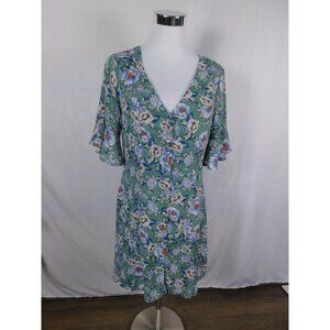 Blue Rain Dress Womens Small Green Floral Button Front V Neck Lined Opaline 02